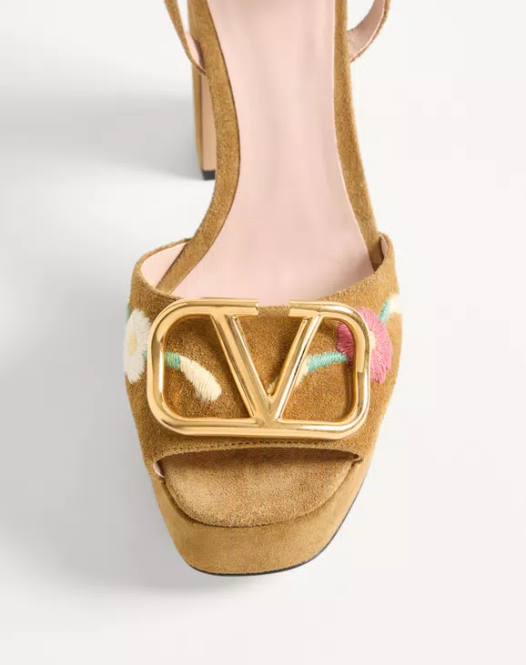 Valentino VLogo Signature Platform Sandal In Split Leather With Floral Embroidery 115 Mm - Image 3